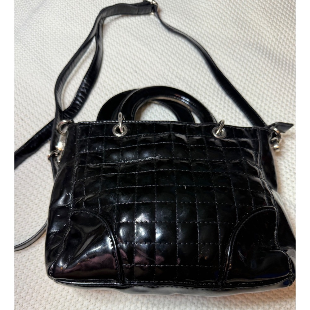 Poppie Jones Black Quilted Patent Faux Leather Crossbody Handbag Top Handle Bag